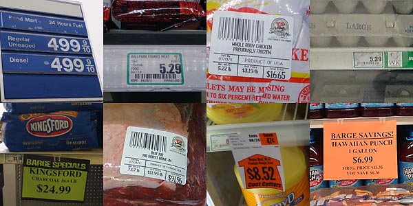 Top l-r, Gas, Ballpark franks, Whole Chicken, A dozen Eggs. Bottom l-r, Large bag of charcoal, 7.5lb roast, A gallon of OJ, and a gallon of Hawaiian Punch...  Wow... 